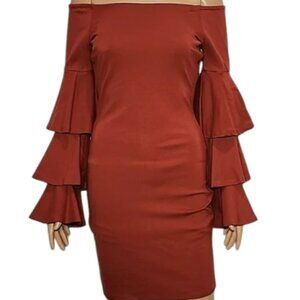 GIANNI BINI Tinsley Burgundy off-shoulder tiered bell sleeve bodycon dress XS